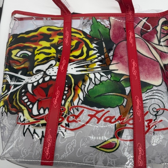 Ed Hardy Tiger Rose Clear PVC Tote‎ Bag Handbag with Red Trim and Pouch $159 - Picture 11 of 14